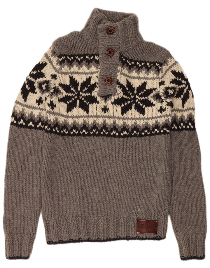SUPERDRY Męski sweter zapinany na guziki, duży, szary, z wełny Fair Isle