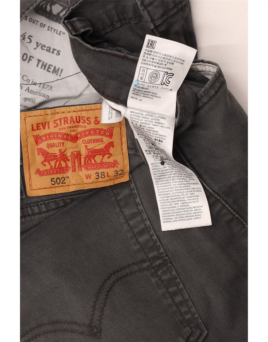 Męskie jeansy Levi's 502 Tapered W38 L32 Szara bawełna