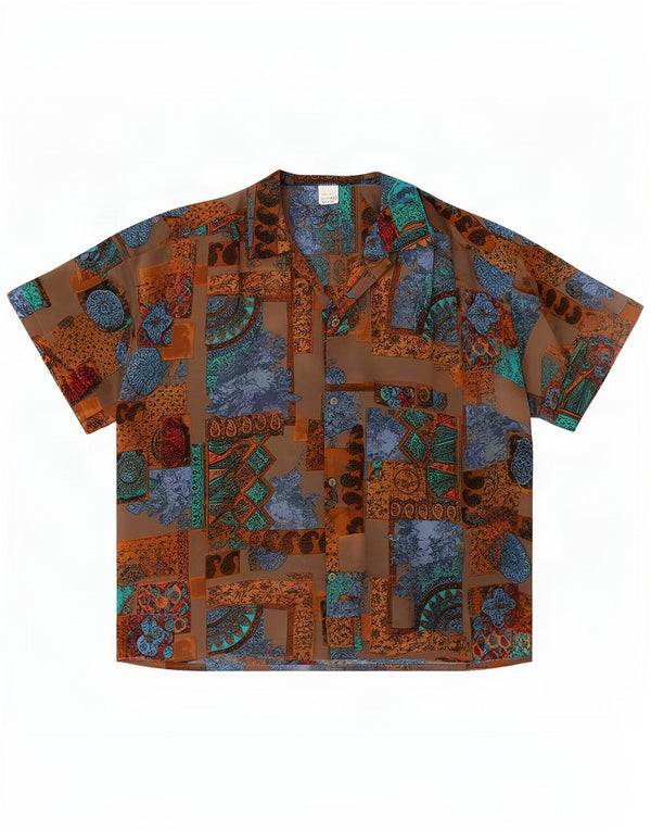 Bluzka damska z krótkim rękawem w stylu vintage, UK 20 2XL, brązowa, patchworkowa, jedwabna