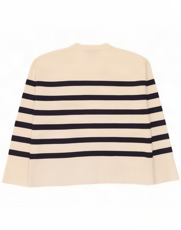 Damski sweter oversize z wycięciem pod szyją, mały, złamanej bieli, w paski