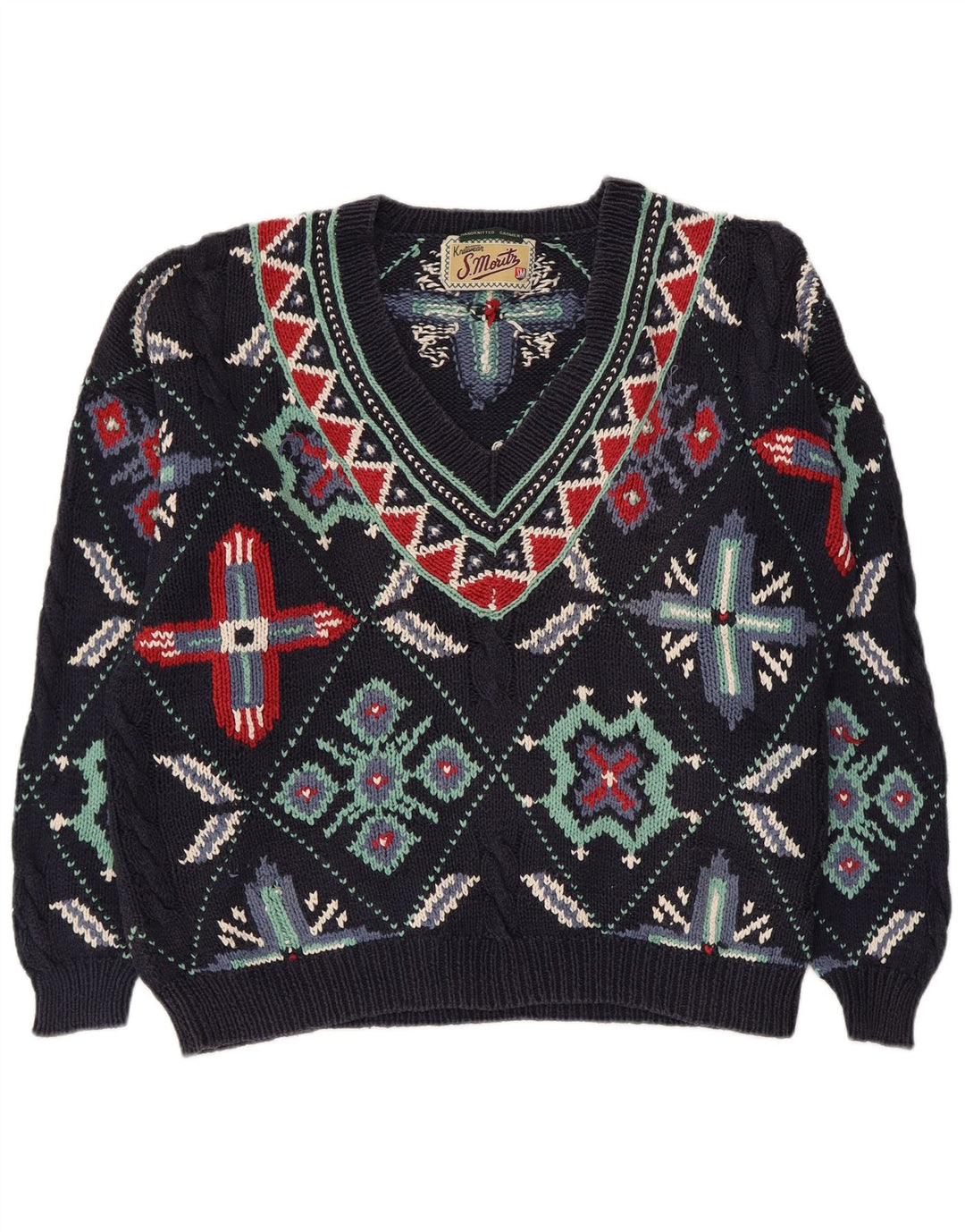 Sweter damski S.Moritz z dekoltem w kształcie litery V, UK 16, duży, granatowy, bawełniany