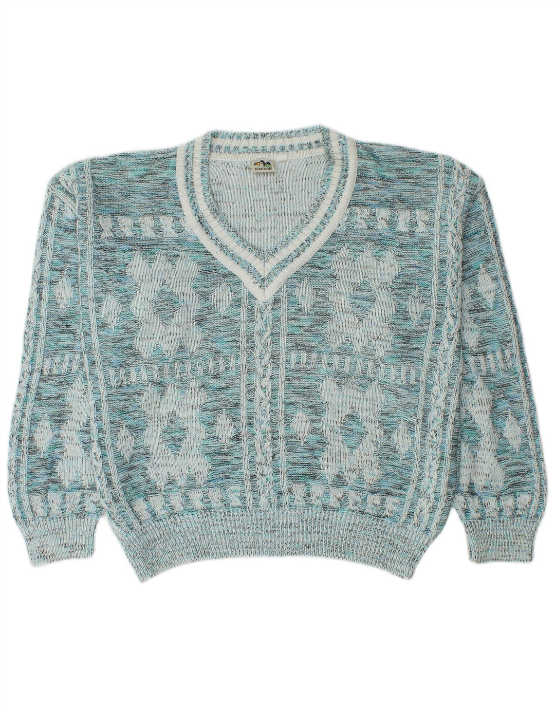 Męski sweter w stylu vintage z dekoltem w szpic IT 52, duża niebieska, geometryczna bawełna