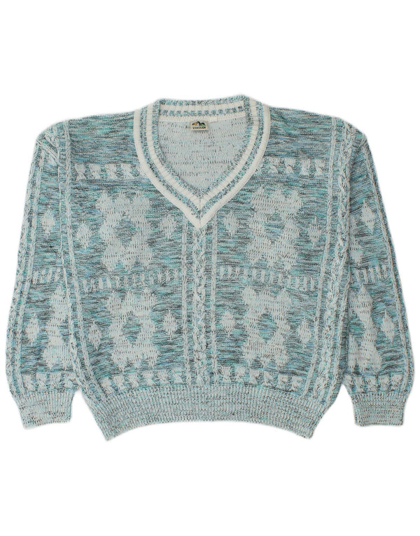 Męski sweter w stylu vintage z dekoltem w szpic IT 52, duża niebieska, geometryczna bawełna