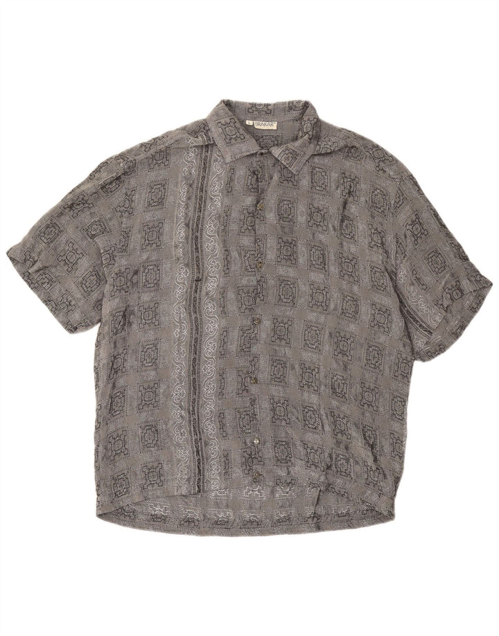 Koszula męska z krótkim rękawem w stylu vintage, duża, szara, octanowa kratka