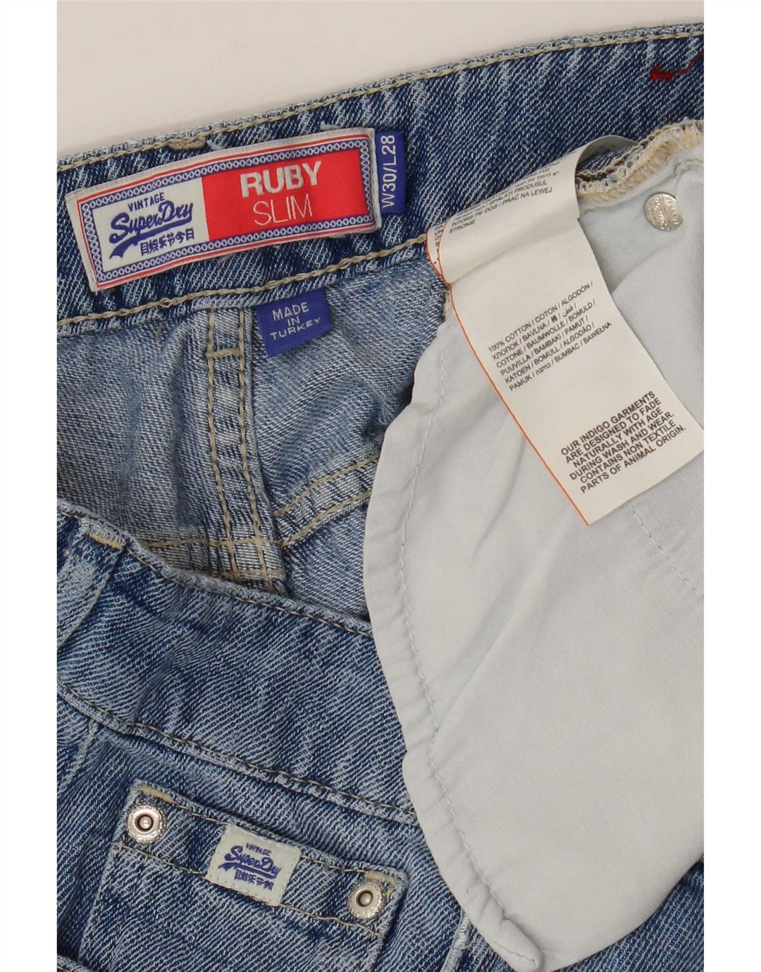 Damskie jeansy Superdry Ruby z wysokim stanem, wąskie, W30 L24, niebieska bawełna