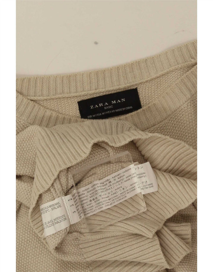 Męski sweter Zara z okrągłym dekoltem, średnio beżowy, bawełniany