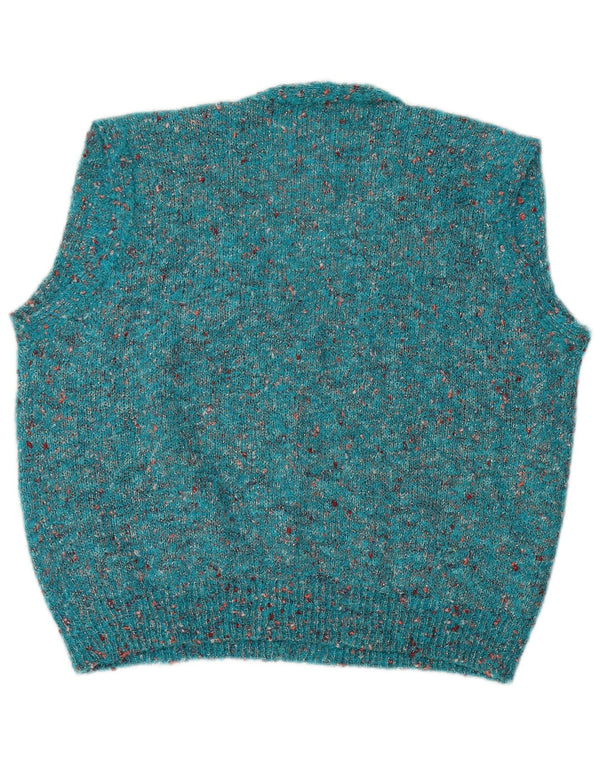 Vintage damski sweter rozpinany bez rękawów UK 16, duży, niebieski nakrapiany