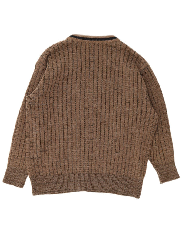 Sweter męski rozpinany w stylu vintage UK 34/36 Mały brązowy geometryczny poliakryl