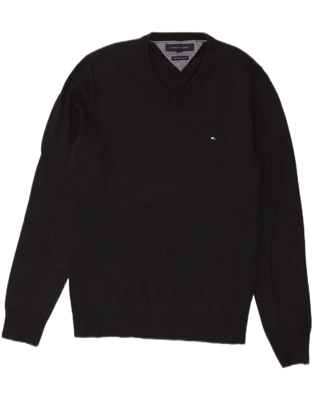 TOMMY HILFIGER Męski sweter z dekoltem w kształcie litery V, mały, czarny, bawełniany