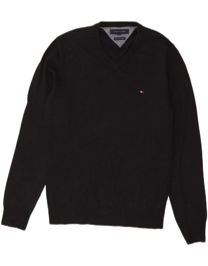 TOMMY HILFIGER Męski sweter z dekoltem w kształcie litery V, mały, czarny, bawełniany