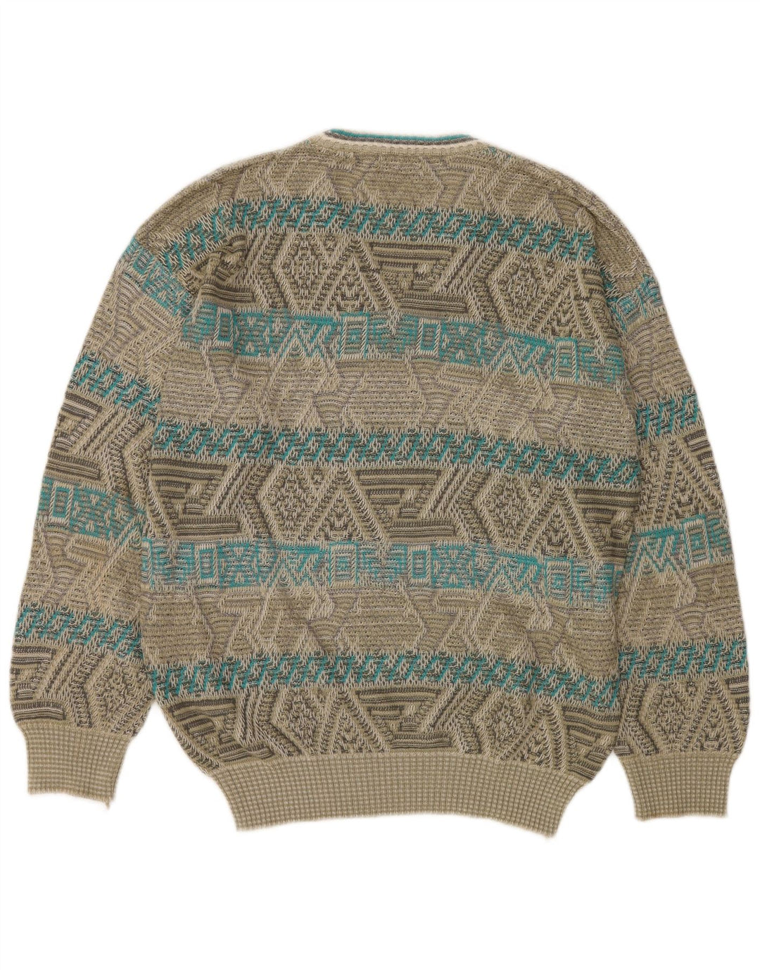 Męski sweter James Dillon z dekoltem w kształcie litery V, duży, geometryczny akryl w kolorze khaki