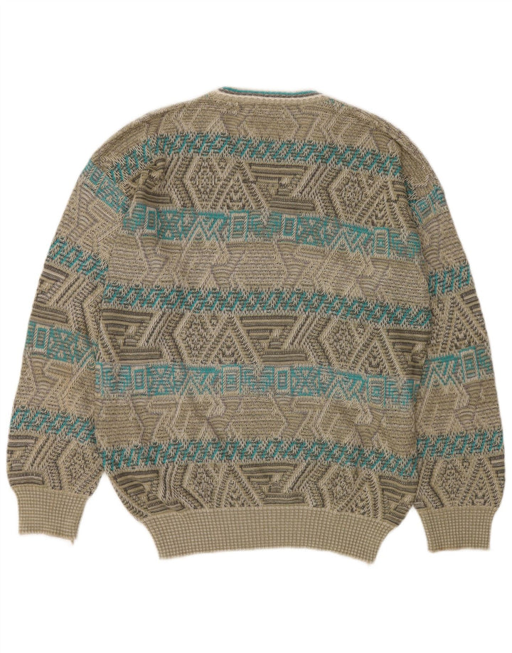 Męski sweter James Dillon z dekoltem w kształcie litery V, duży, geometryczny akryl w kolorze khaki