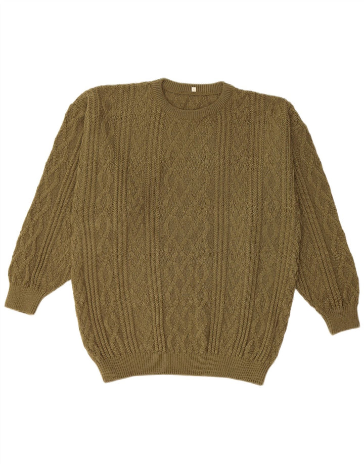 Vintage męski sweter z okrągłym dekoltem, duży, akrylowy khaki