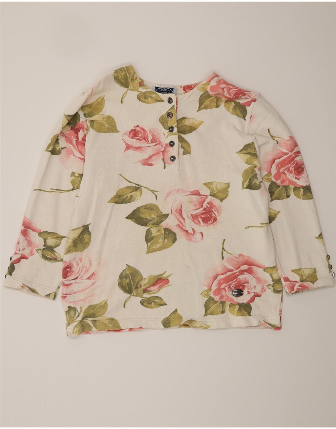 Top damski VINTAGE z długim rękawem UK 16, duży, złamanej bieli, bawełniany w kwiaty