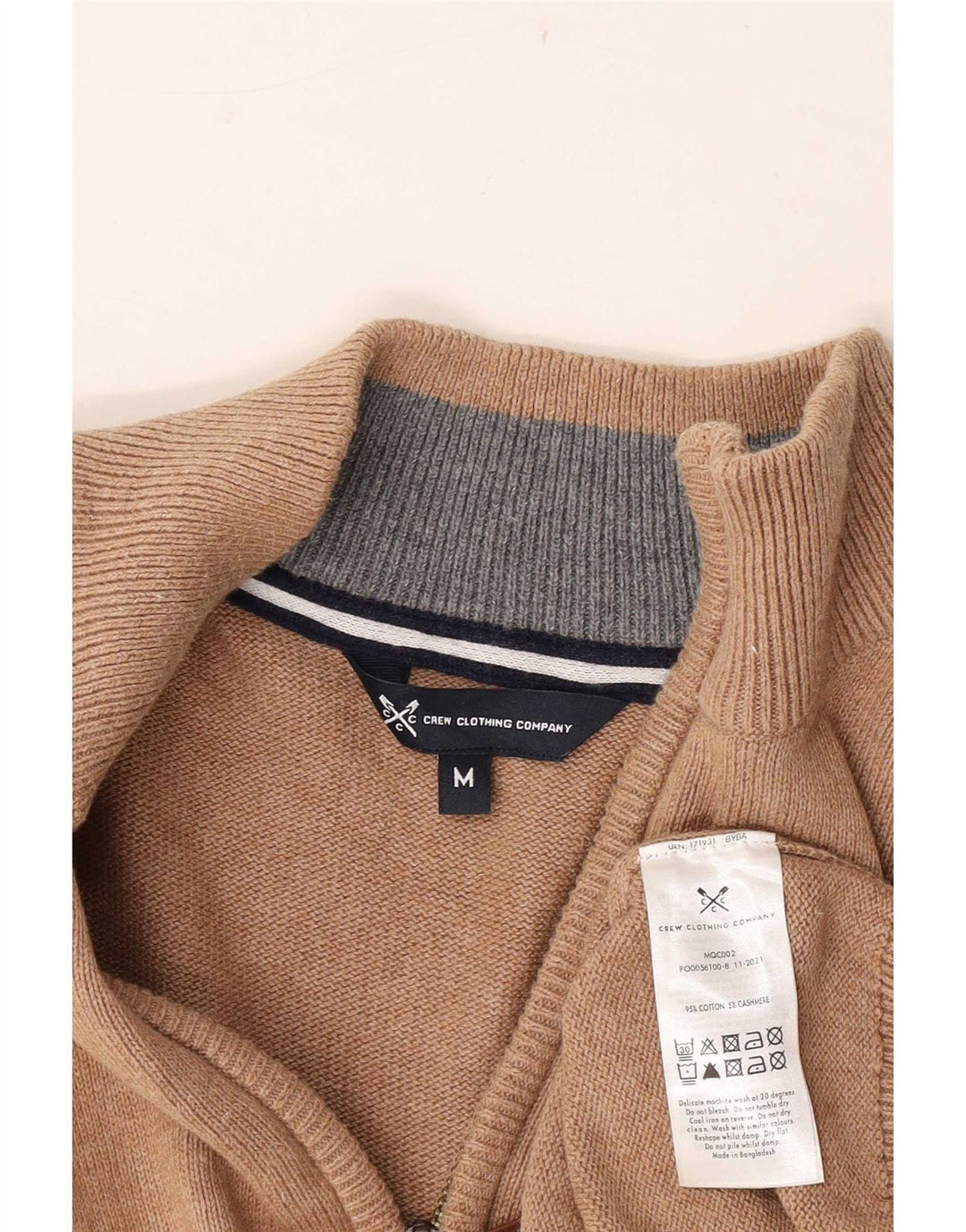 Crew Clothing Męski sweter z zamkiem błyskawicznym, średniobrązowy, bawełniany