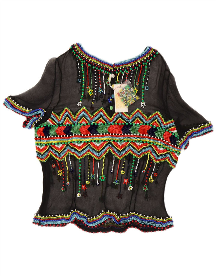 Vintage damska prześwitująca bluzka Top IT 48 XL Czarny geometryczny jedwab