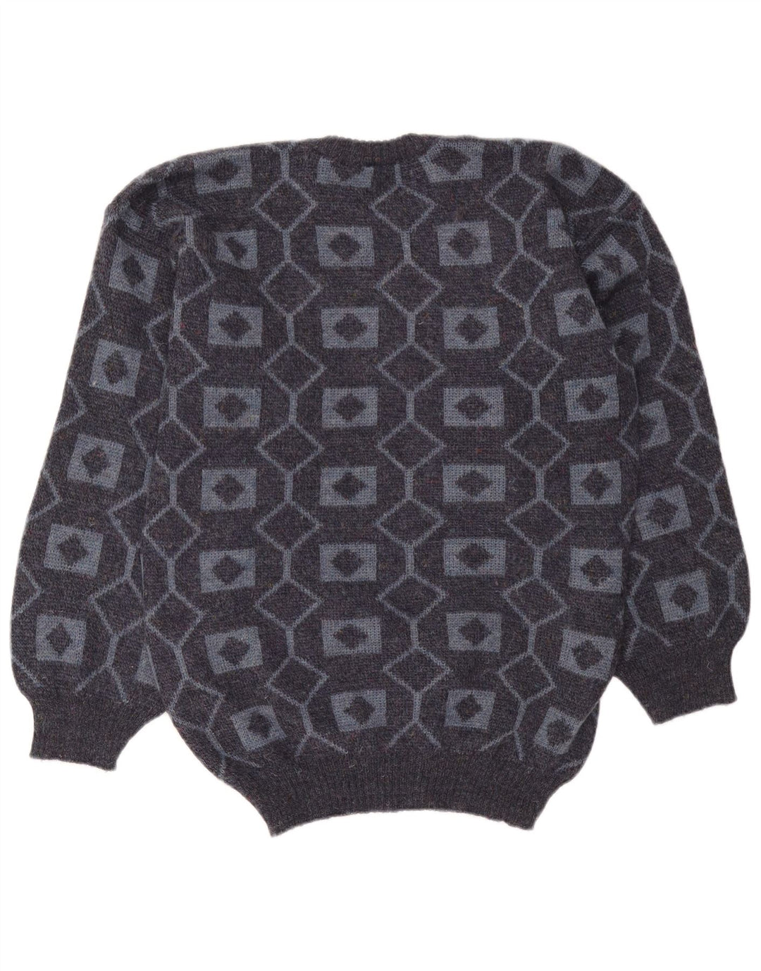 Vintage męski sweter z okrągłym dekoltem, średnio szary, geometryczny akryl