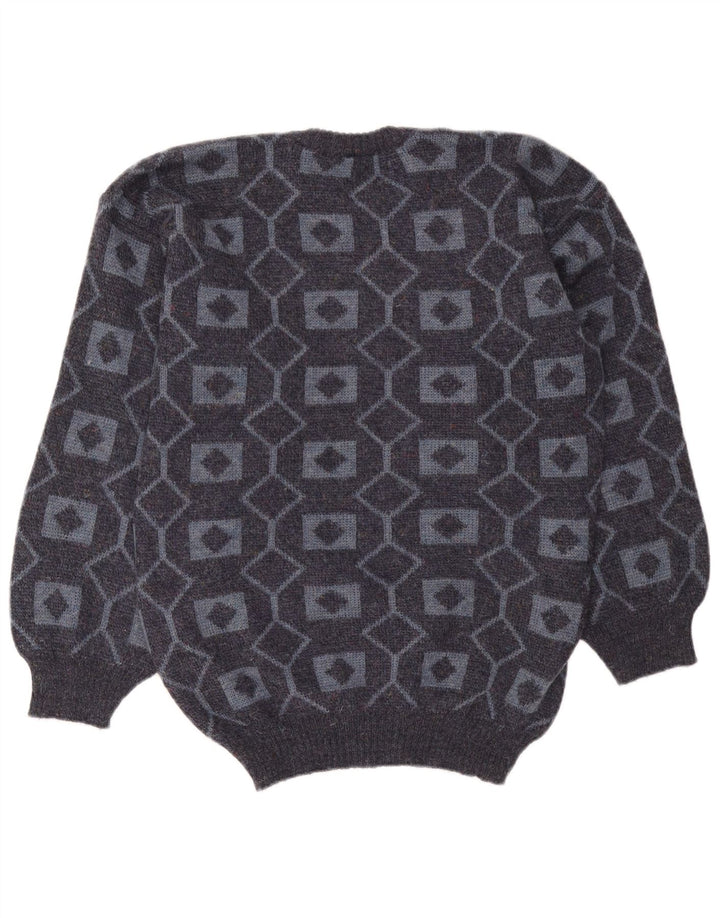 Vintage męski sweter z okrągłym dekoltem, średnio szary, geometryczny akryl