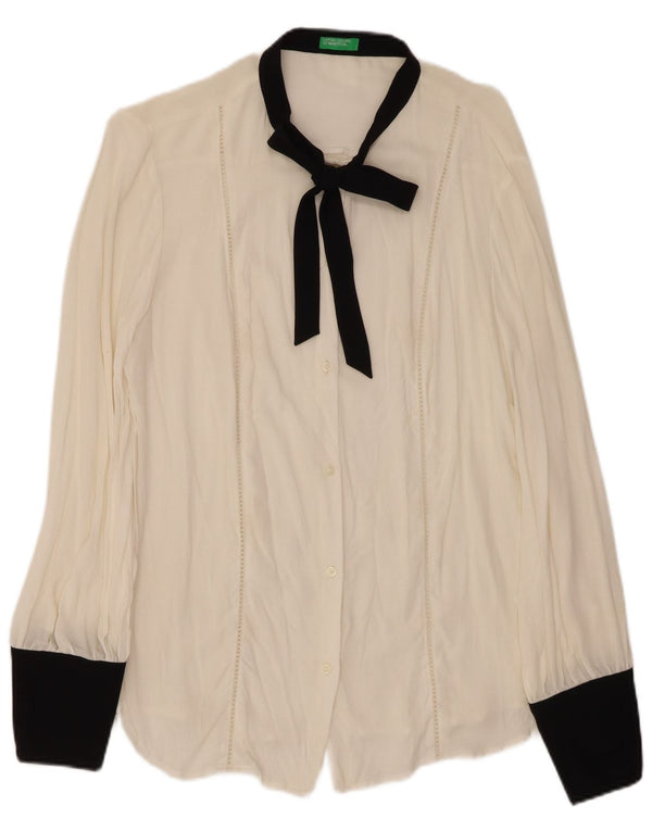 Damska bluzka koszulowa z muszką BENETTON UK 16, duża, biała wiskoza z blokami kolorów