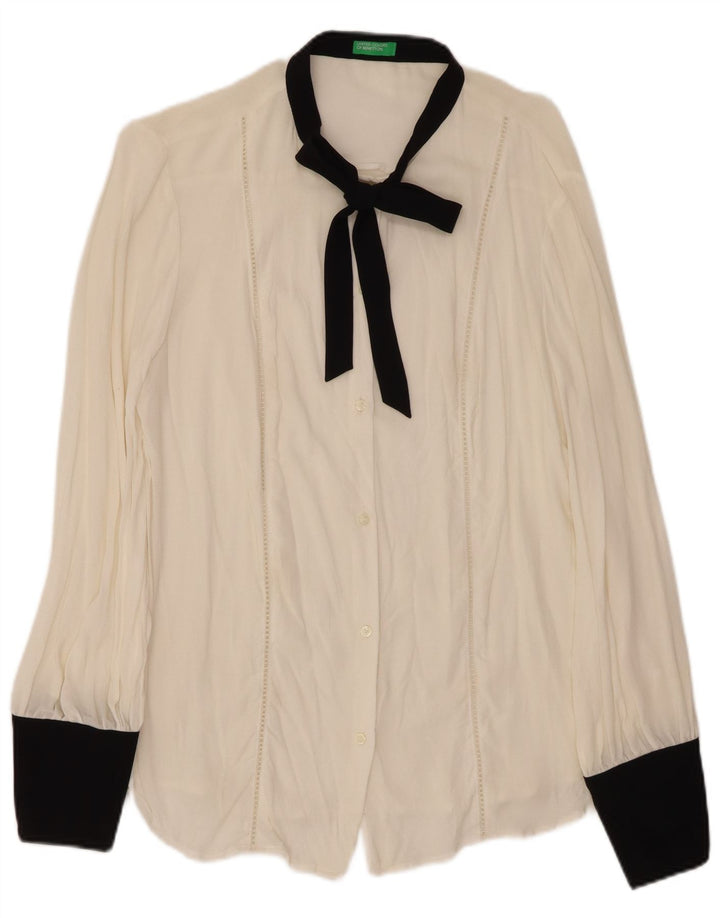 Damska bluzka koszulowa z muszką BENETTON UK 16, duża, biała wiskoza z blokami kolorów