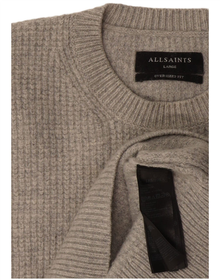 Damski sweter oversize All Saints z okrągłym dekoltem, UK 16, duży, szary, wełniany