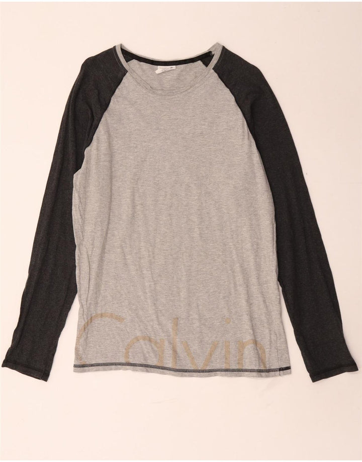 Męski top Calvin Klein z grafiką, długim rękawem, średnioszary, bawełniany w bloki kolorów