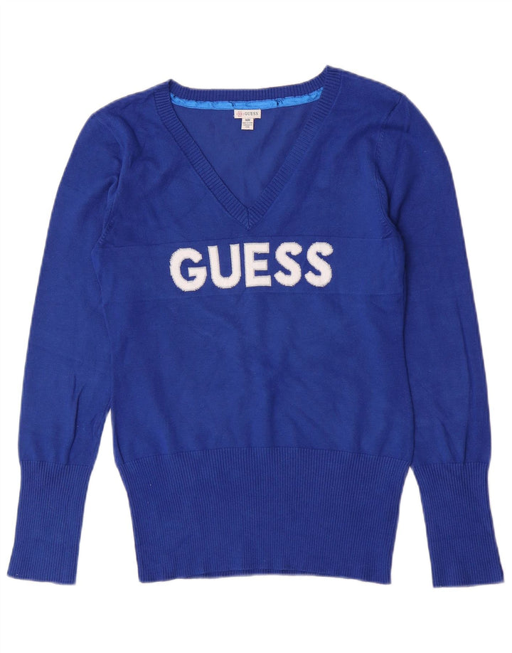 Damski sweter Guess z graficznym dekoltem w kształcie litery V, UK 8, mały niebieski sztuczny jedwab