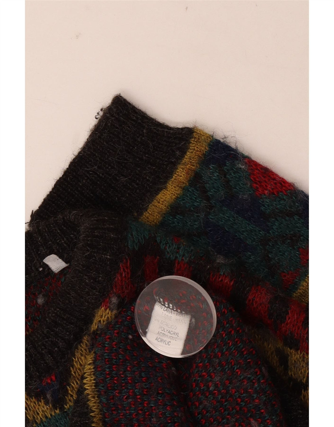 Vintage męski sweter z dekoltem w łódkę, duży, czerwony, geometryczny wełniany