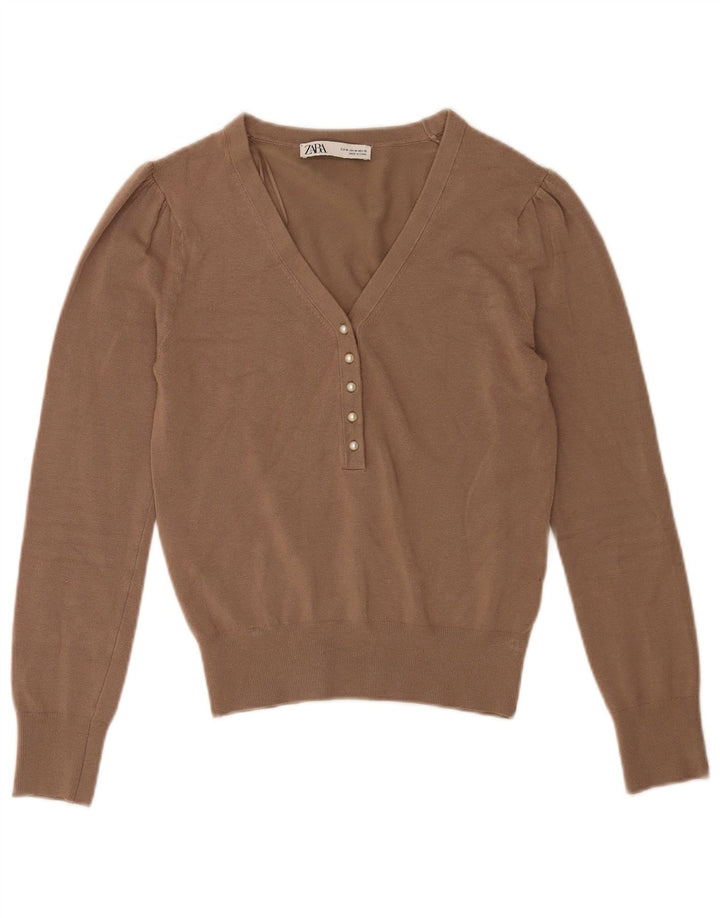 Sweter damski Zara z dekoltem w kształcie litery V, UK 12, średni brąz, wiskoza