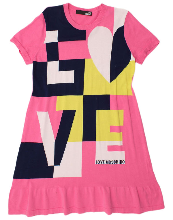 Damska graficzna sukienka sweterkowa Moschino UK 16, duża, różowa, z blokami kolorów
