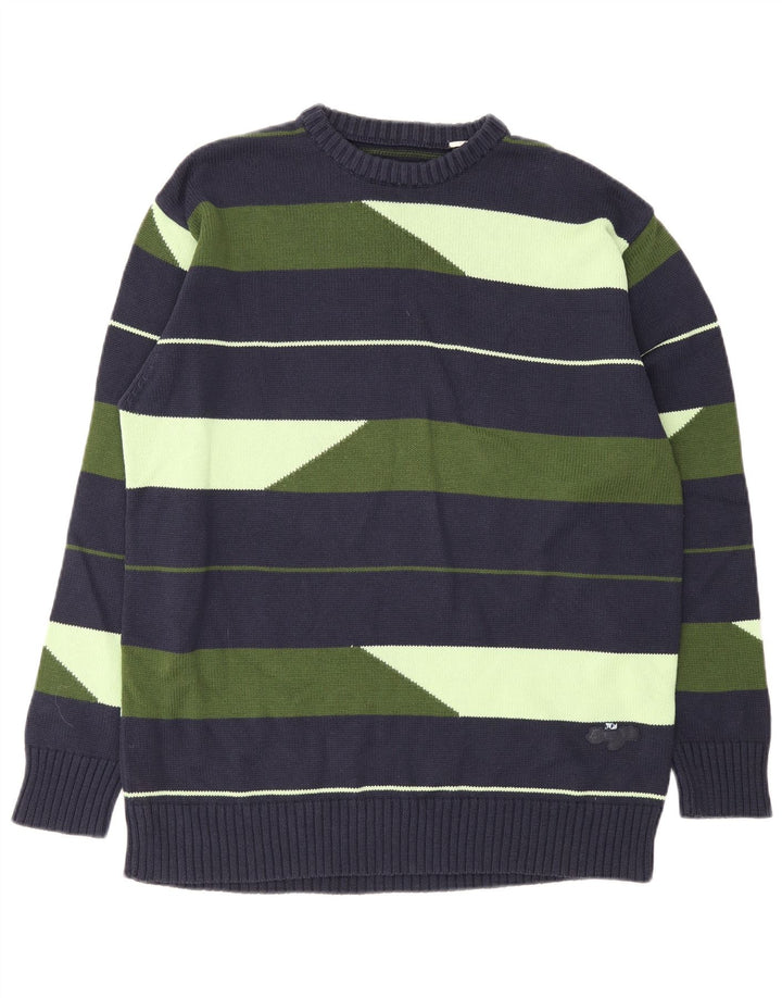 Vintage męski sweter z wycięciem pod szyją, duży granatowy w paski