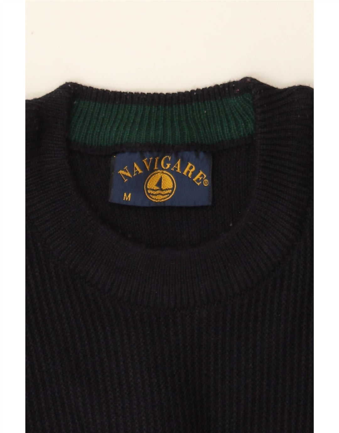 NAVIGARE Mens Crew Neck Jumper Sweater Medium Navy Blue Striped Vintage Navigare and Second-Hand Navigare from Messina Hembry 