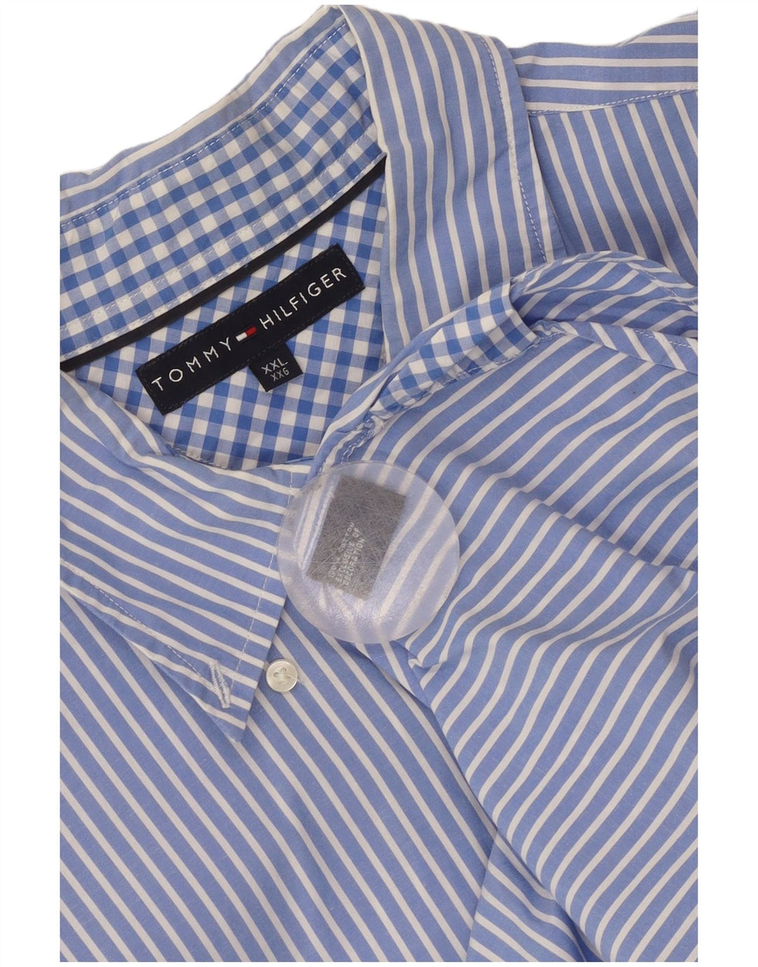 Męska koszula z krótkim rękawem Tommy Hilfiger 2XL, niebieska, bawełniana w prążki