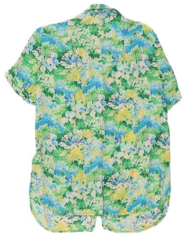 Koszula damska z krótkim rękawem w stylu vintage UK 14, duża, zielona wiskoza w kwiaty