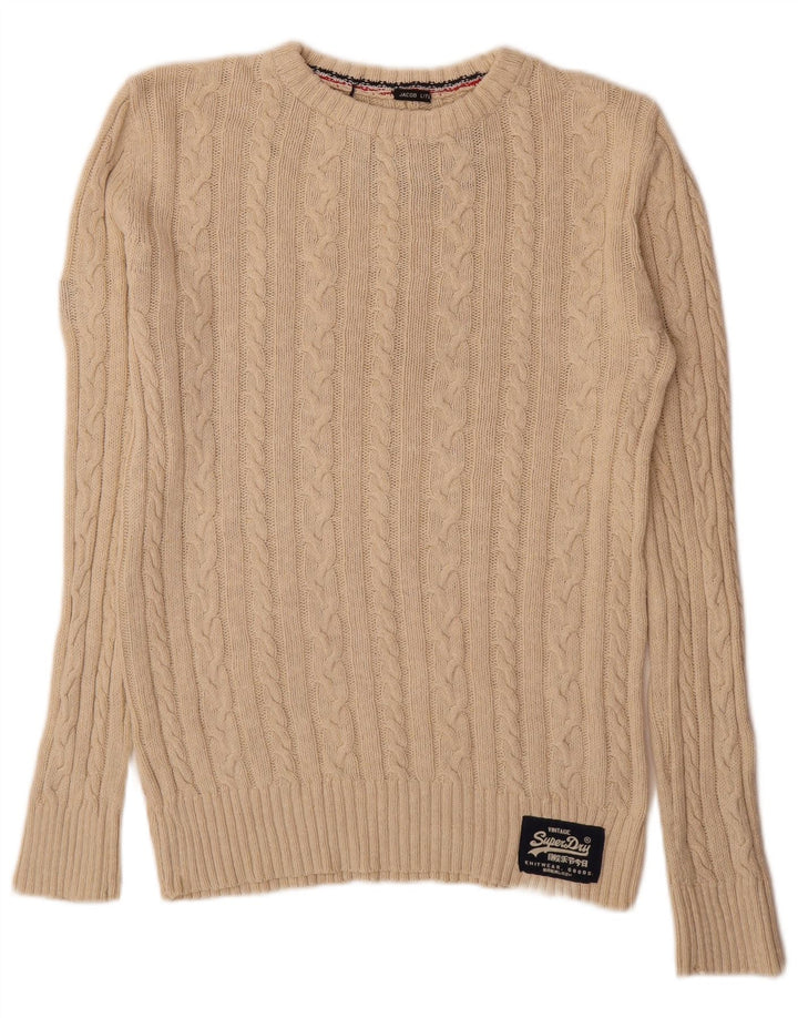 Męski sweter Superdry z okrągłym dekoltem, mały, beżowy, bawełniany