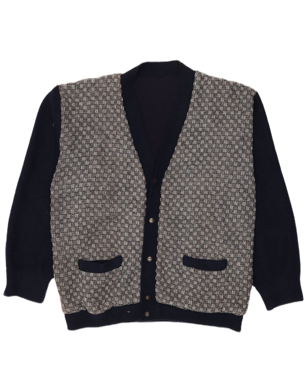 Vintage męski sweter rozpinany, średni granatowy, geometryczny