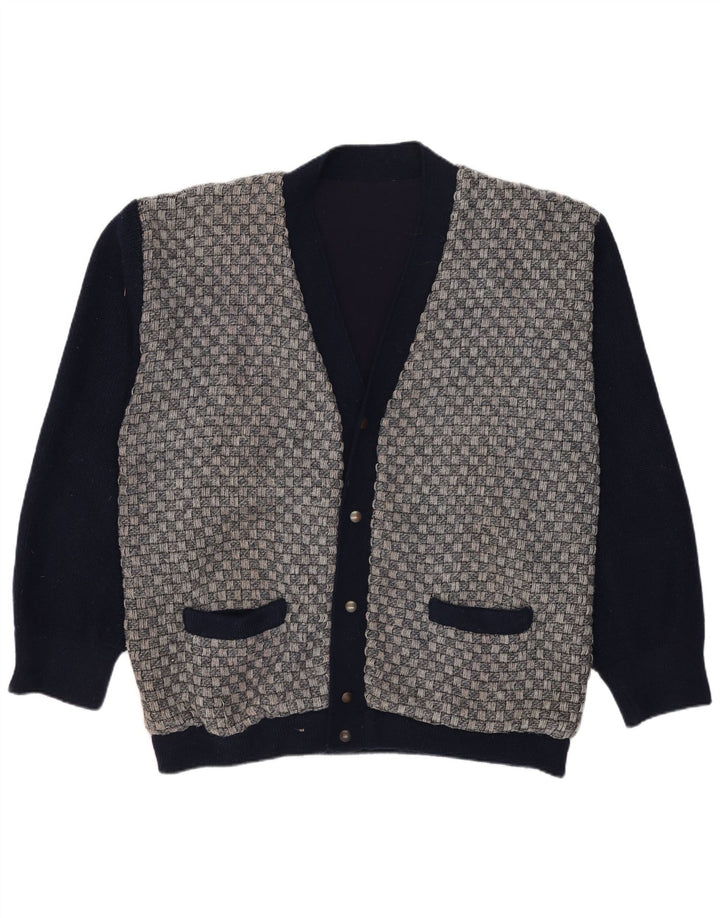 Vintage męski sweter rozpinany, średni granatowy, geometryczny