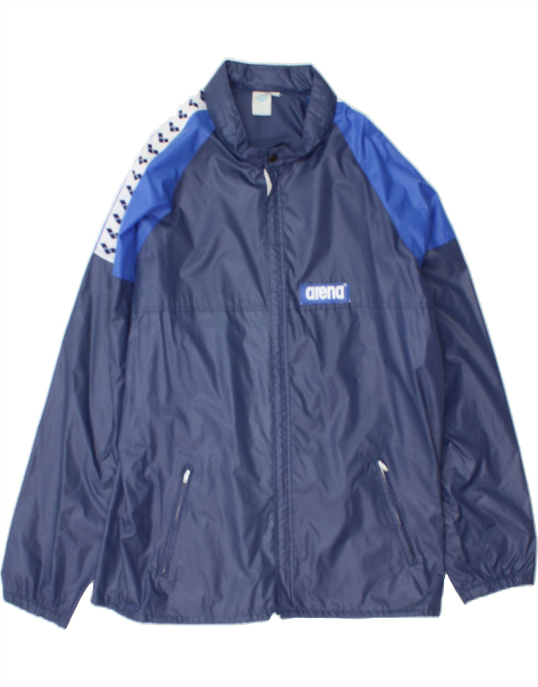 ARENA Mens Hooded Rain Jacket UK 40 Large Navy Blue Colourblock Polyamide Vintage Arena and Second-Hand Arena from Messina Hembry 