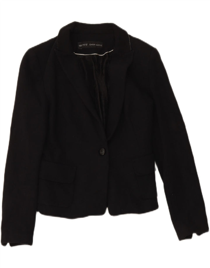 ZARA Womens Basic 1 Button Blazer Jacket UK 12 Medium Black Cotton