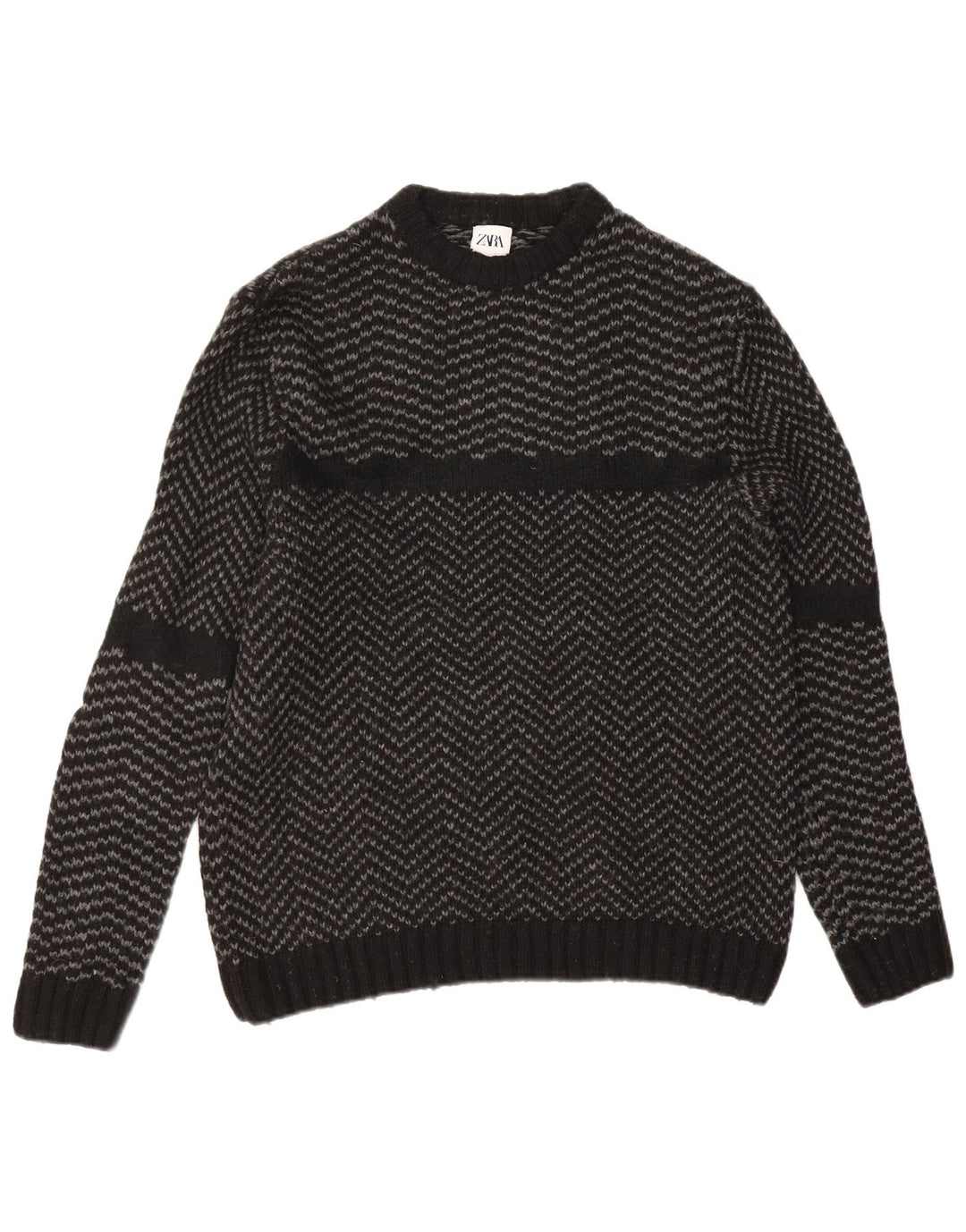 Męski sweter Zara z okrągłym dekoltem, duży, czarny nylon w jodełkę