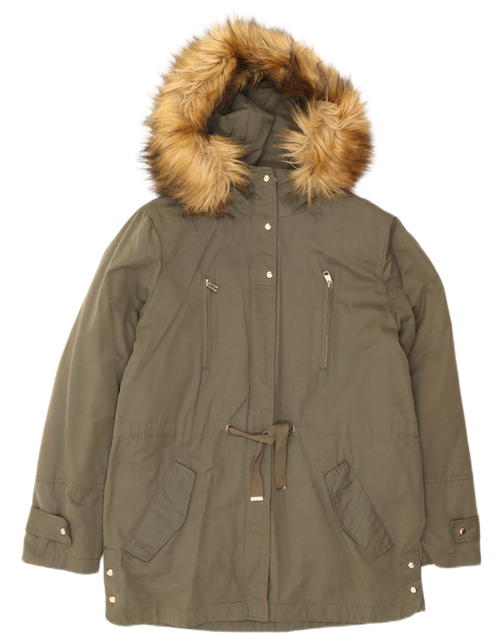 Damska kurtka typu parka z kapturem, oversize, Zara, UK 10, mała, khaki, poliester