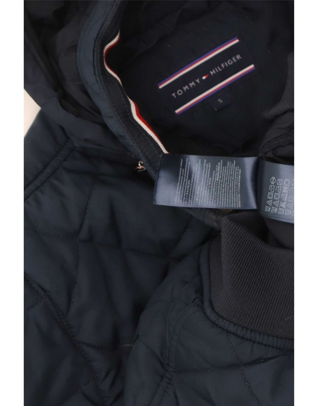 Męska pikowana kurtka z kapturem Tommy Hilfiger UK 36, mała, granatowa, poliester