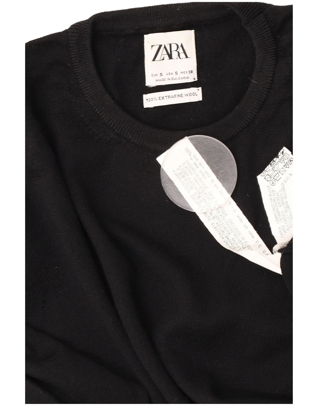 Zara Męski sweter z okrągłym dekoltem, mały, czarny, wełniany