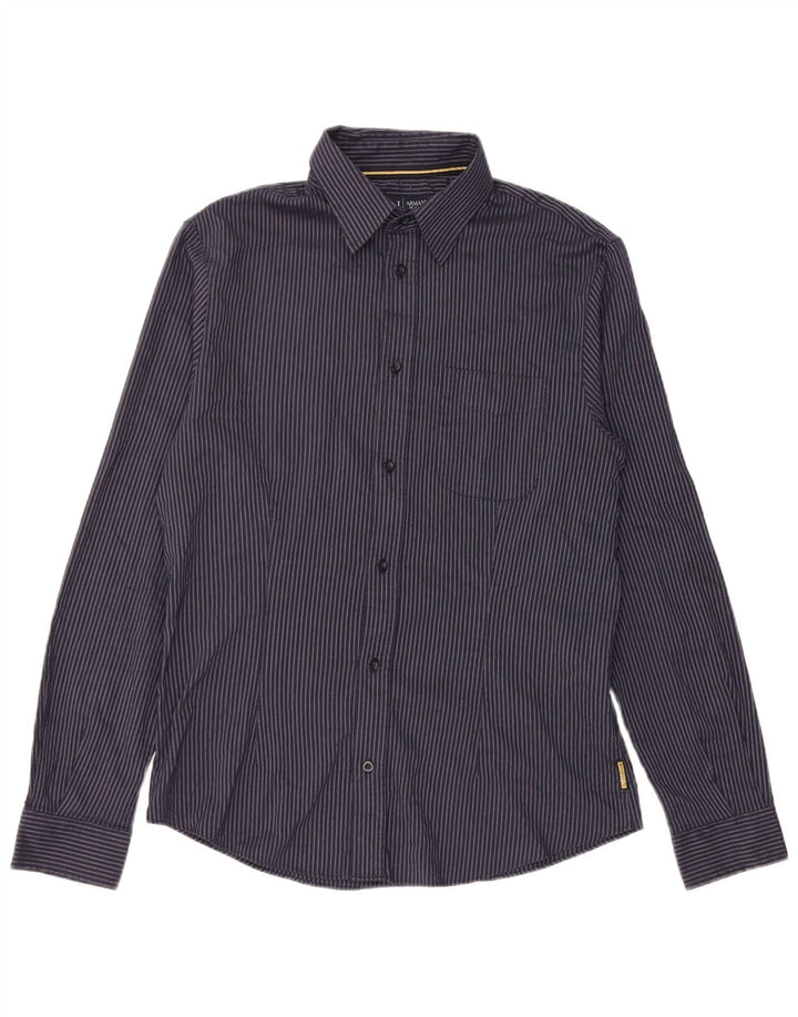 Męska koszula Armani w kratkę o regularnym kroju, duży, granatowy, poliester w paski