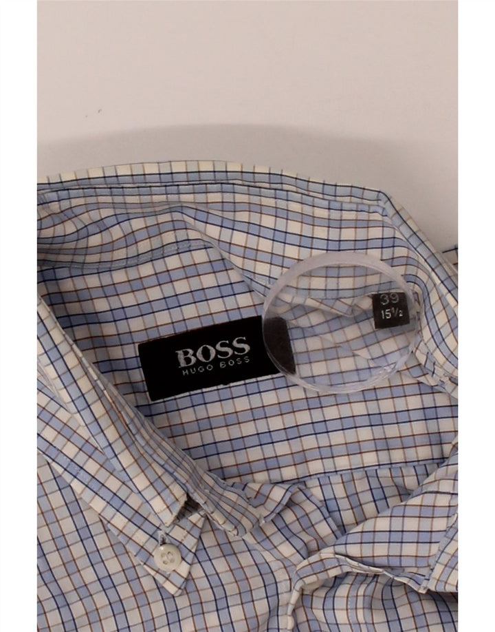 HUGO BOSS Mens Short Sleeve Shirt Size 39 15 1/2 Medium Blue Check Vintage Hugo Boss and Second-Hand Hugo Boss from Messina Hembry 
