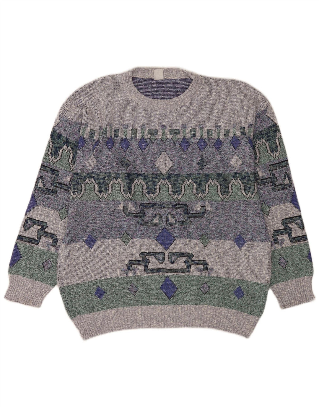 Vintage męski sweter z wycięciem pod szyją, duży niebieski geometryczny
