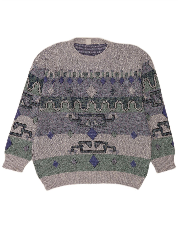 Vintage męski sweter z wycięciem pod szyją, duży niebieski geometryczny