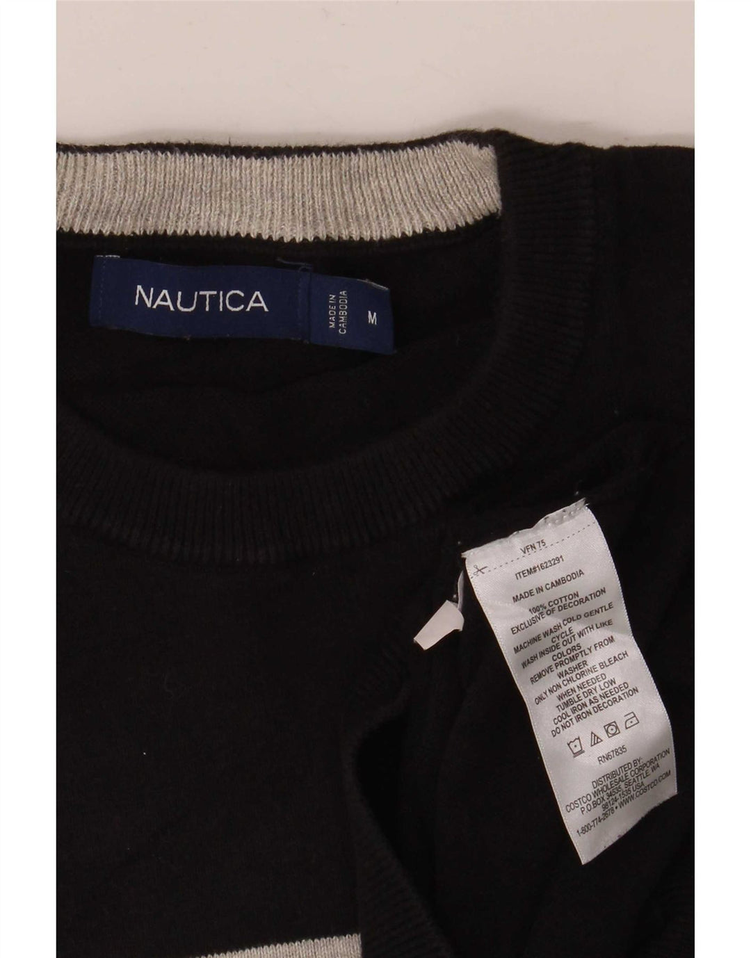 Męski sweter Nautica z okrągłym dekoltem, bawełniany, w średnie czarne paski
