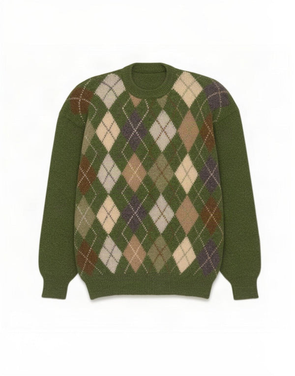 Vintage męski sweter z okrągłym dekoltem XL, zielony Argyle/diament