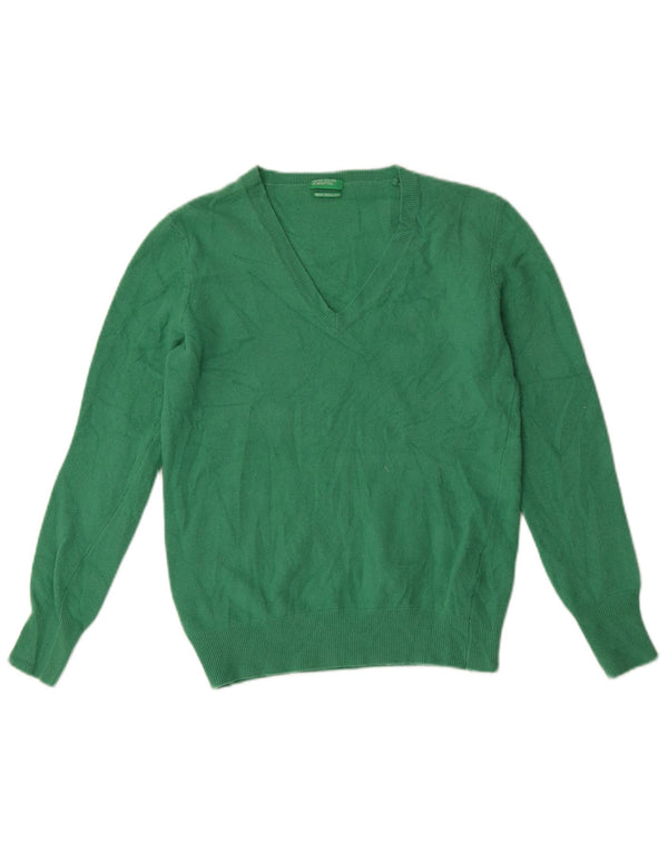 Sweter damski Benetton z dekoltem w kształcie litery V, UK 14, duży, zielony, wełniany